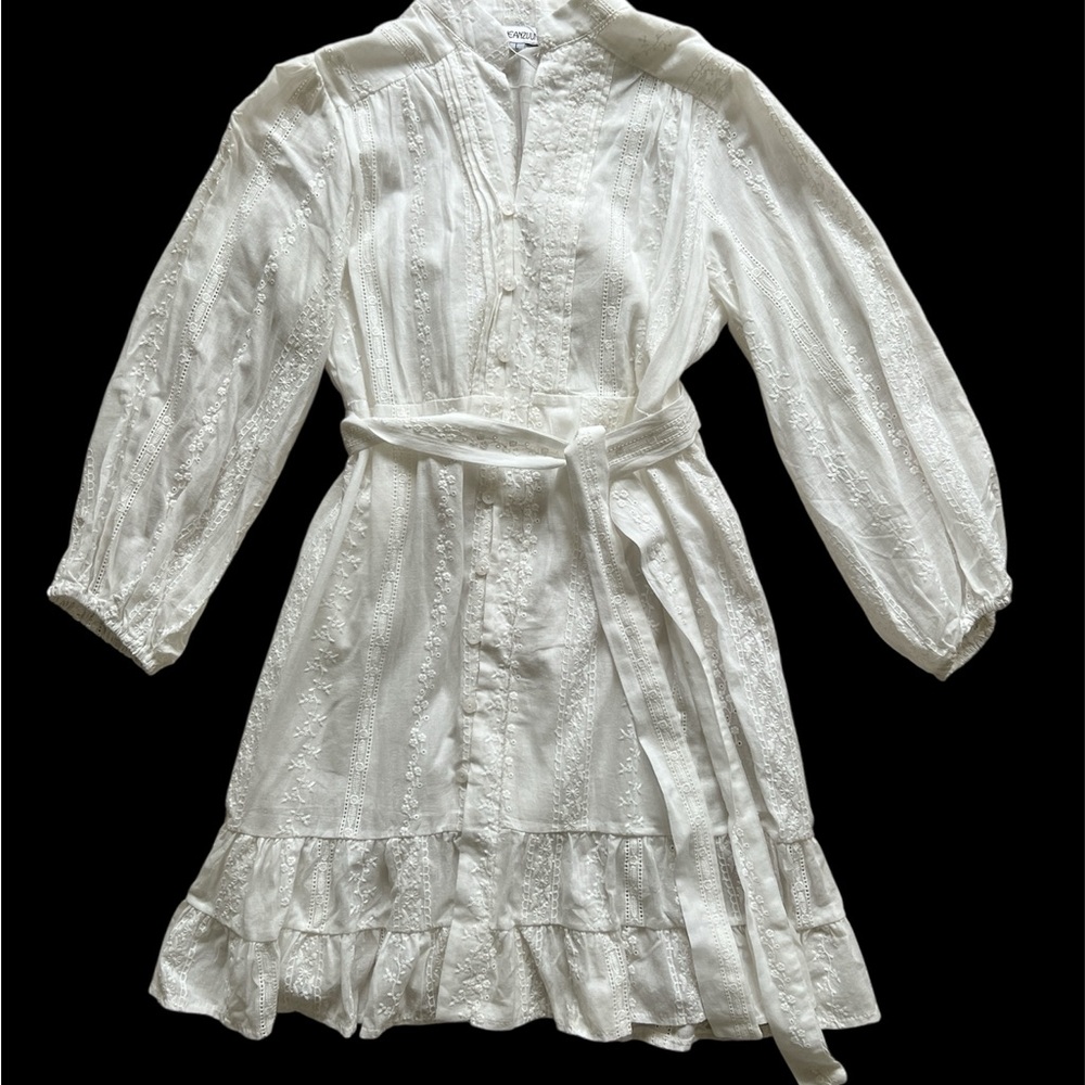 Floral Embroidered V-neck Cotton Button Down White Dress Small
